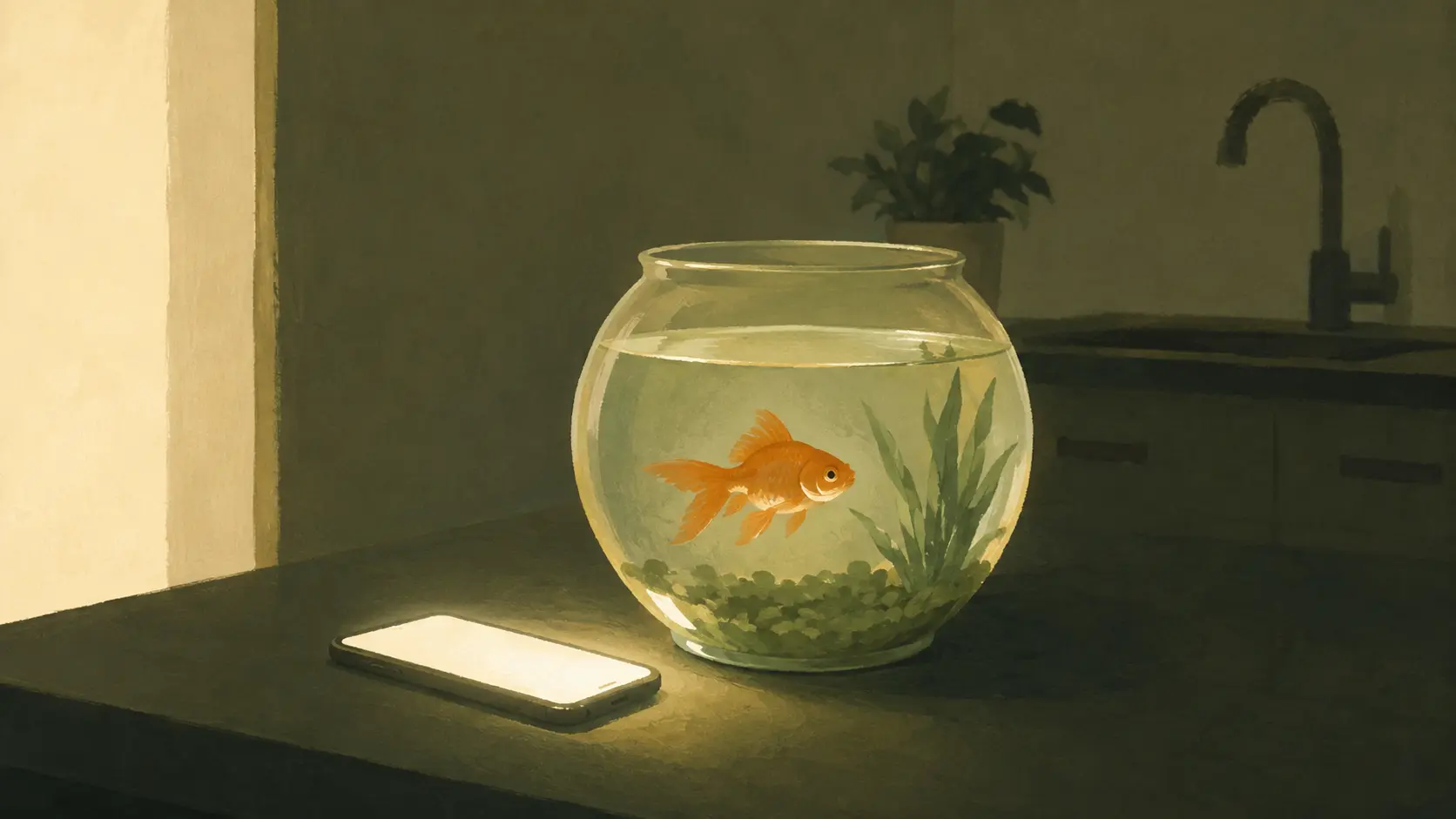 Un pez dorado en su pecera sobre la barra de una cocina a oscuras, iluminada solo por un teléfono al lado.