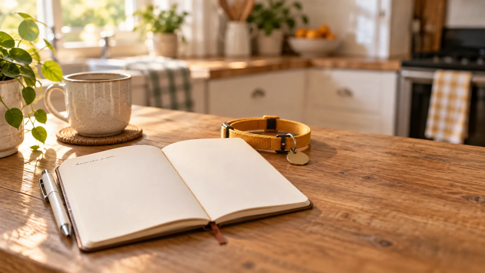 Una libreta nueva abierta con una sola fecha escrita, junto a un collar sin usar
