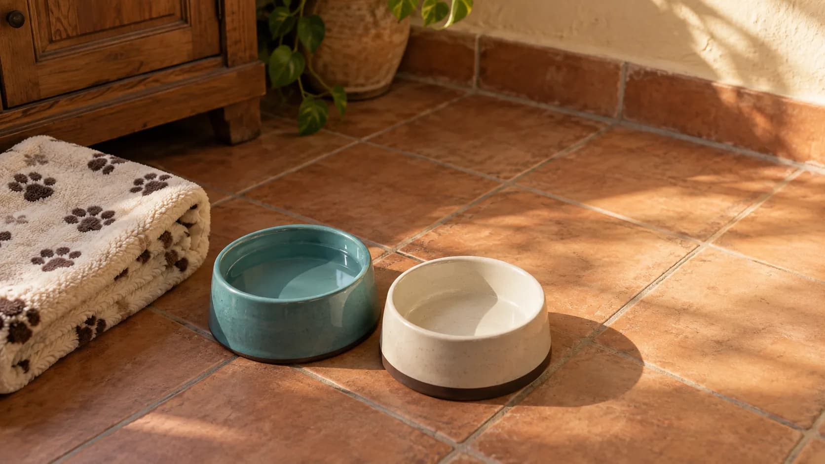 Un plato de comida y un tazón de agua nuevos sobre el piso de una cocina