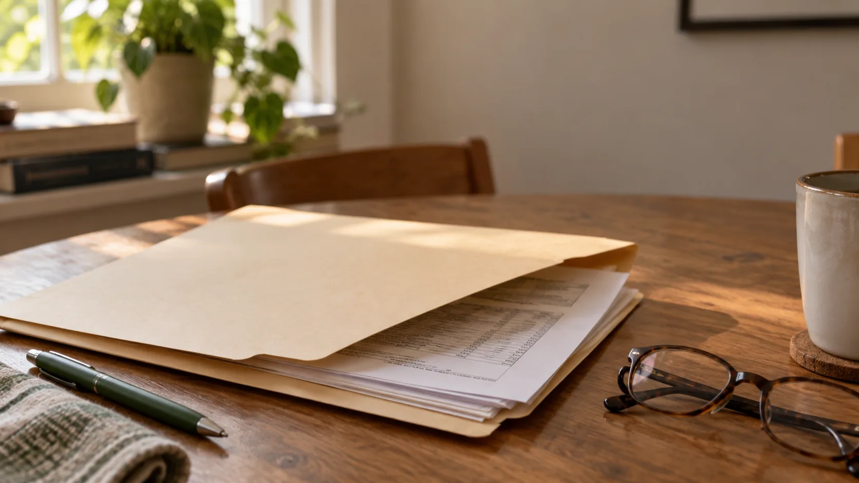 A manila folder slightly open with printed pages inside, on a table