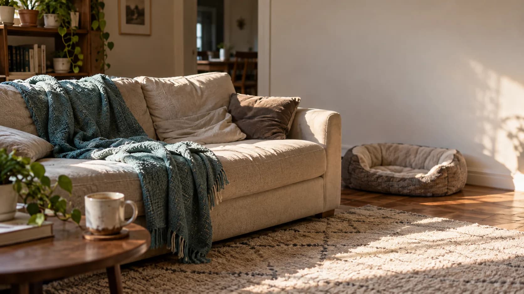 An empty sofa with a rumpled blanket, lit by morning sun