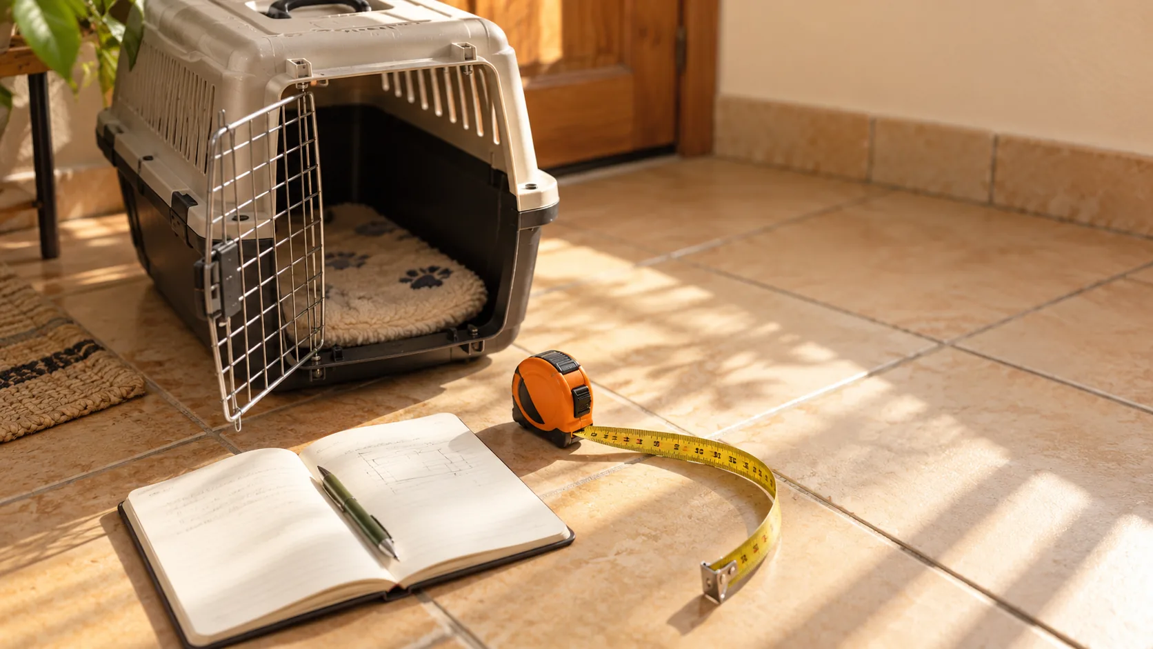 A tape measure and a notebook on the floor beside an open pet carrier