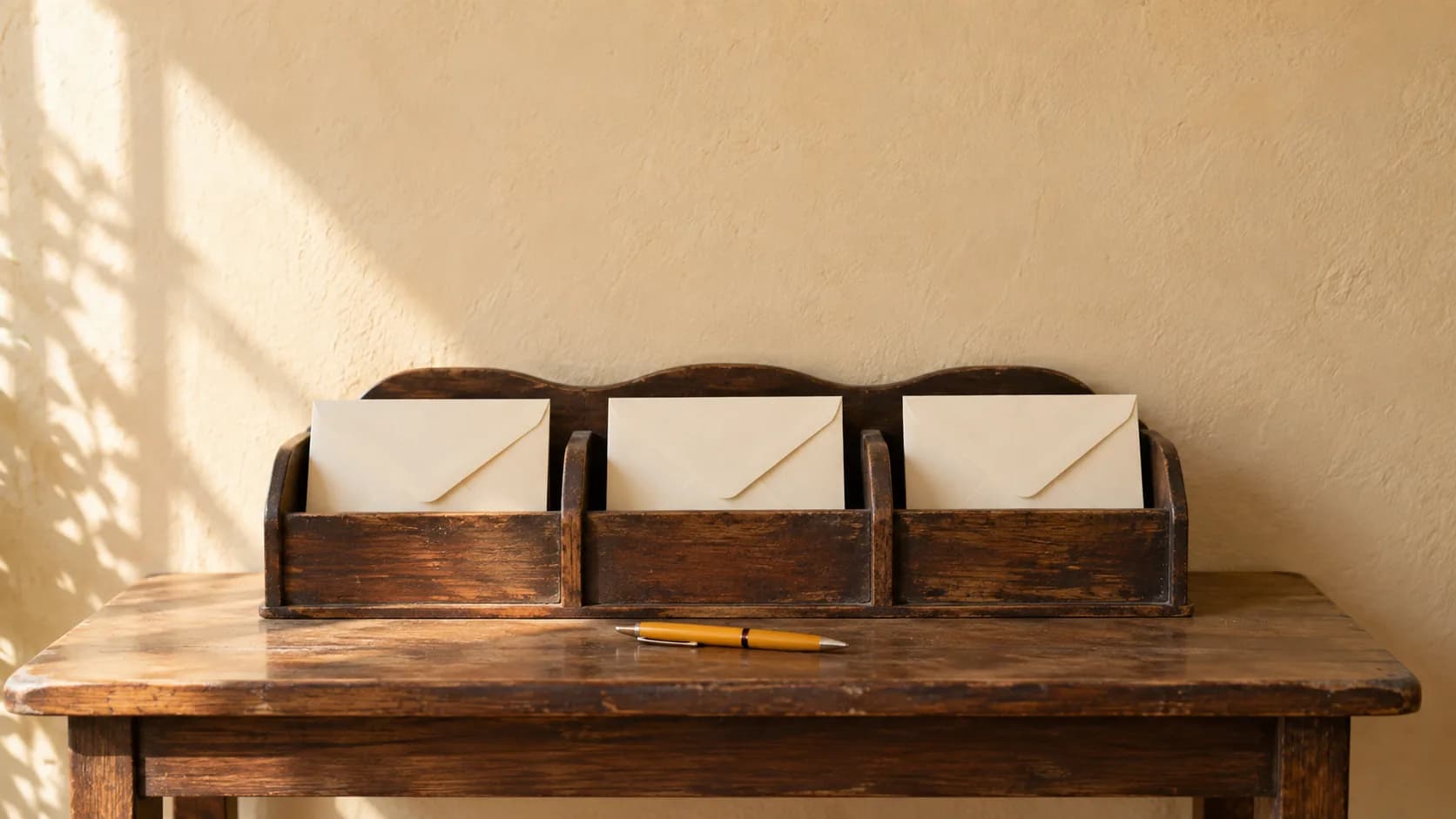 Three blank paper cards laid out in a row on a wooden table