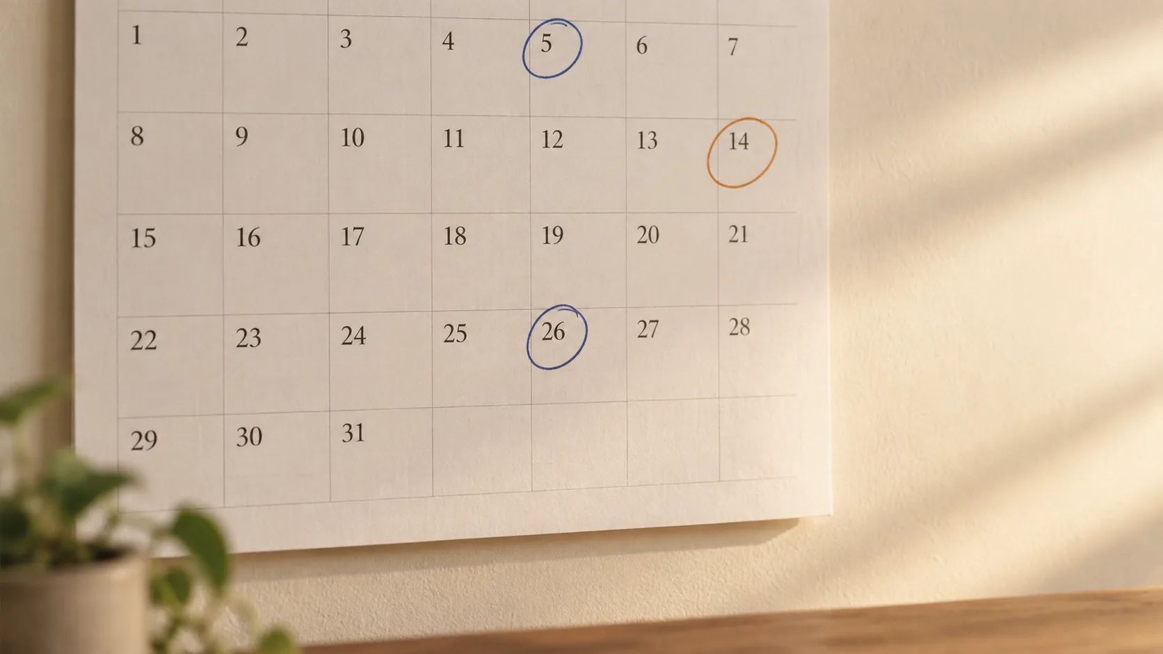 Un calendario de pared con tres días marcados a mano con círculos de colores
