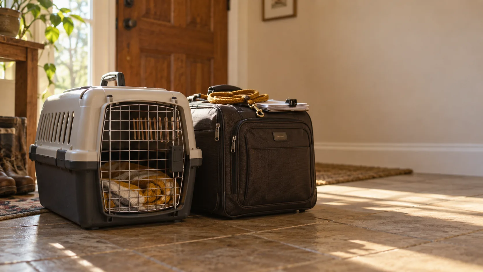 A rigid pet carrier next to a suitcase, ready in the hallway of a house