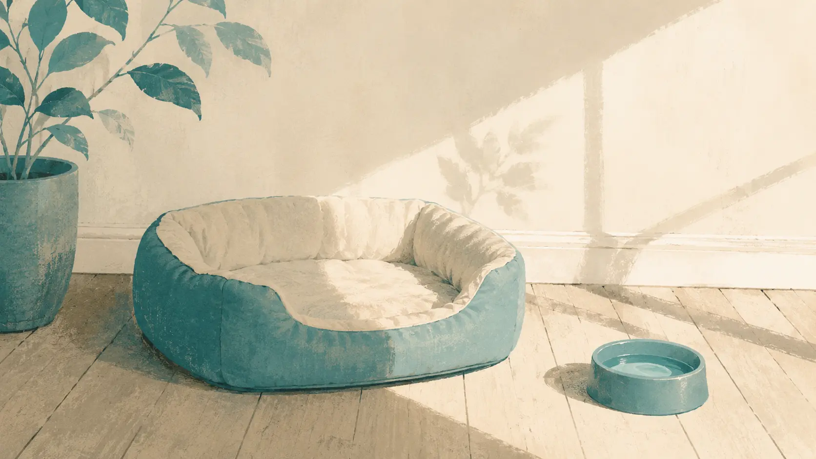 Una cama de mascota vacía sobre un piso de madera en la luz de la ventana, con un tazón de agua vacío al lado.