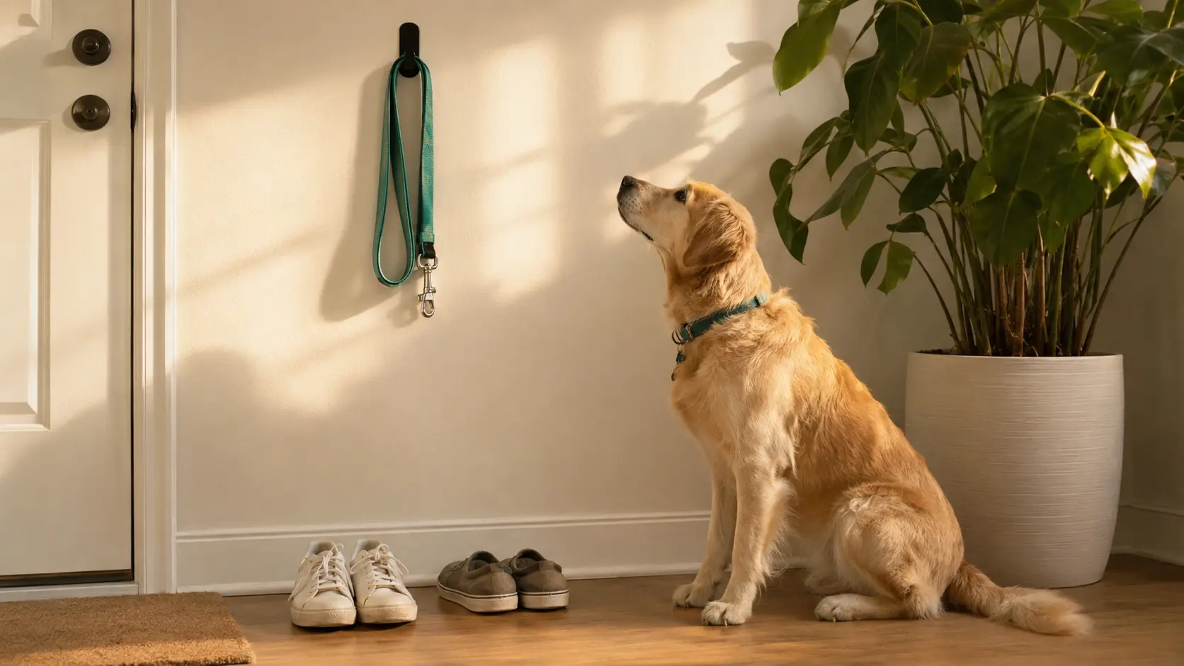 Un golden retriever sentado junto a la puerta mira una correa colgada, con dos pares de zapatos en el piso.