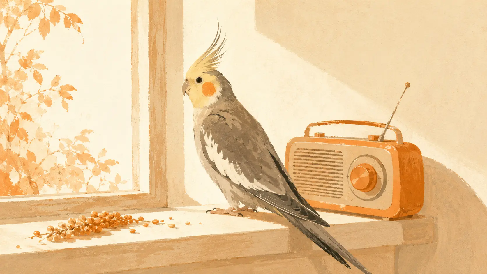 A cockatiel on a windowsill beside a small orange radio, millet scattered along the sill.