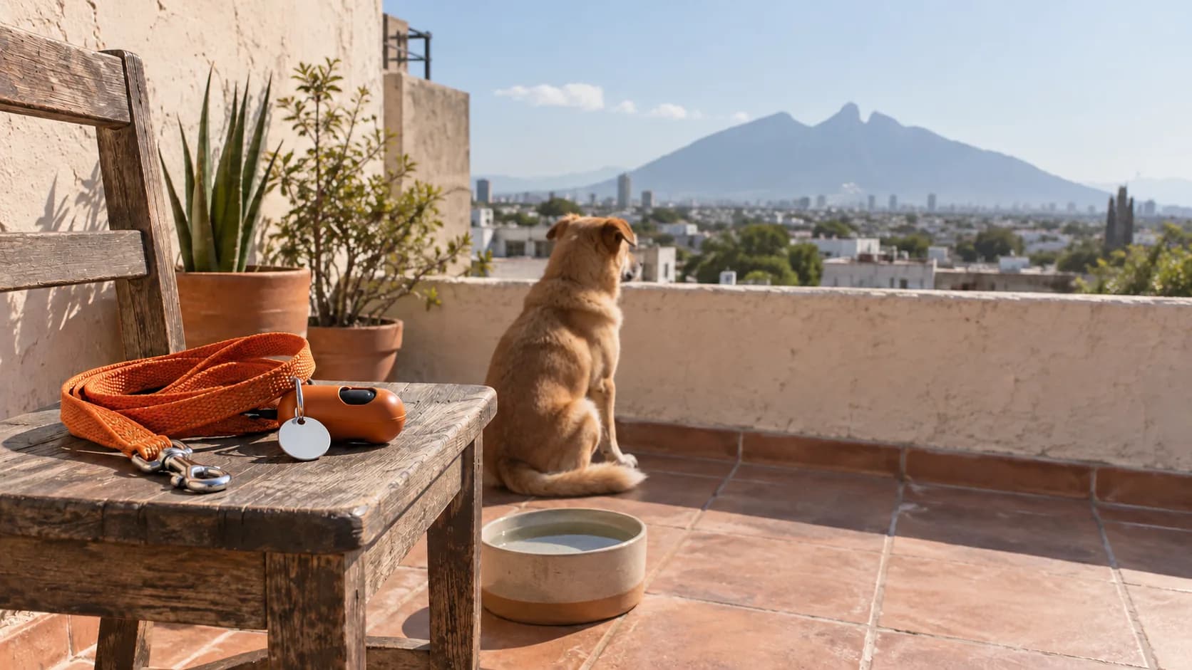 Una correa colgada junto a una puerta con azulejo ocre y piso de barro