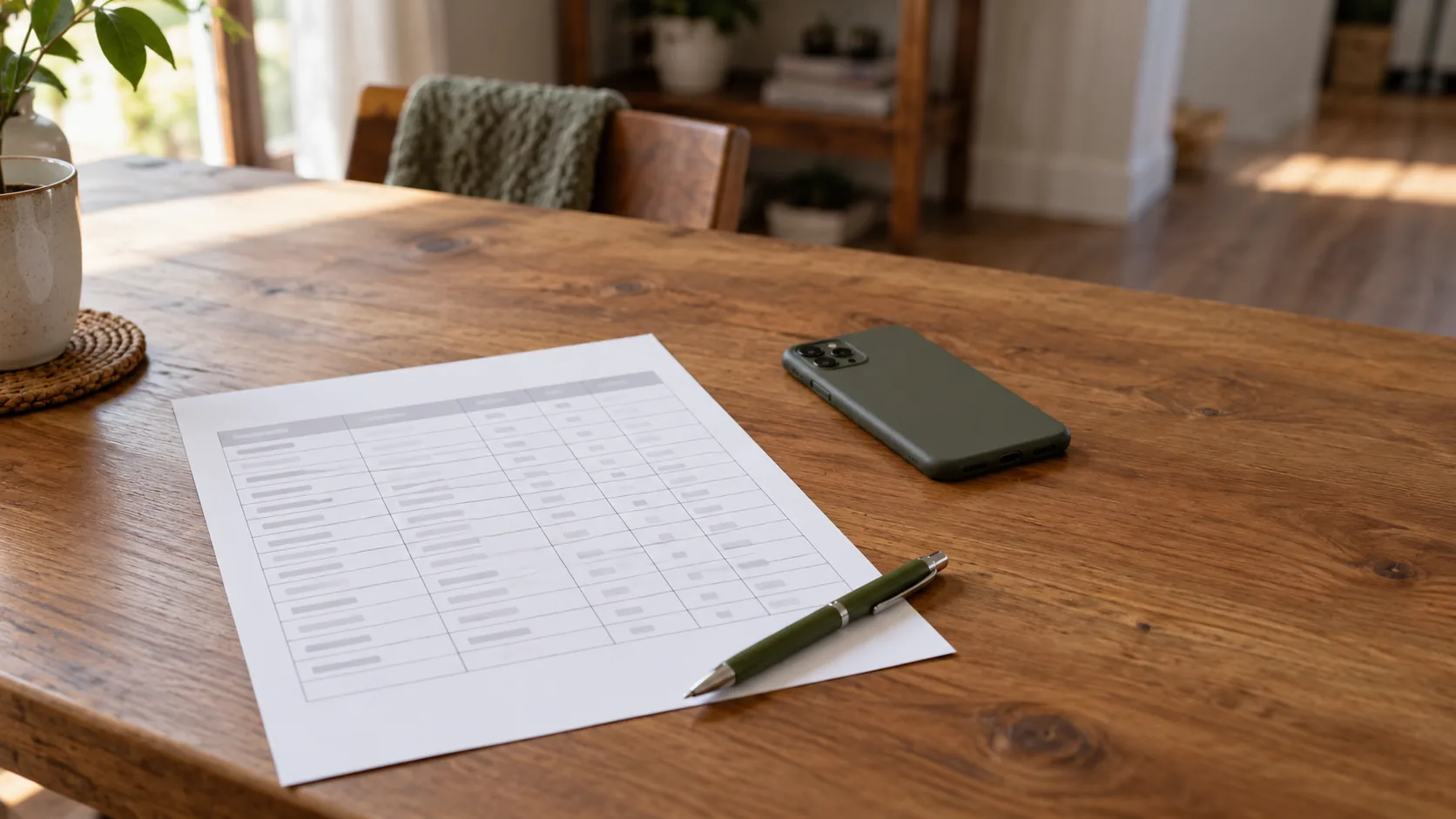 A freshly printed sheet on a table beside a phone that is switched off