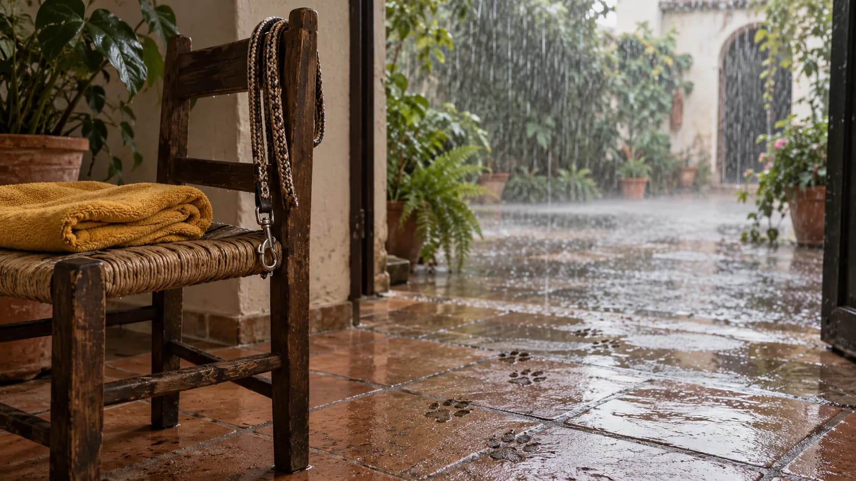Una correa mojada colgada junto a una toalla en un patio, con lluvia al fondo