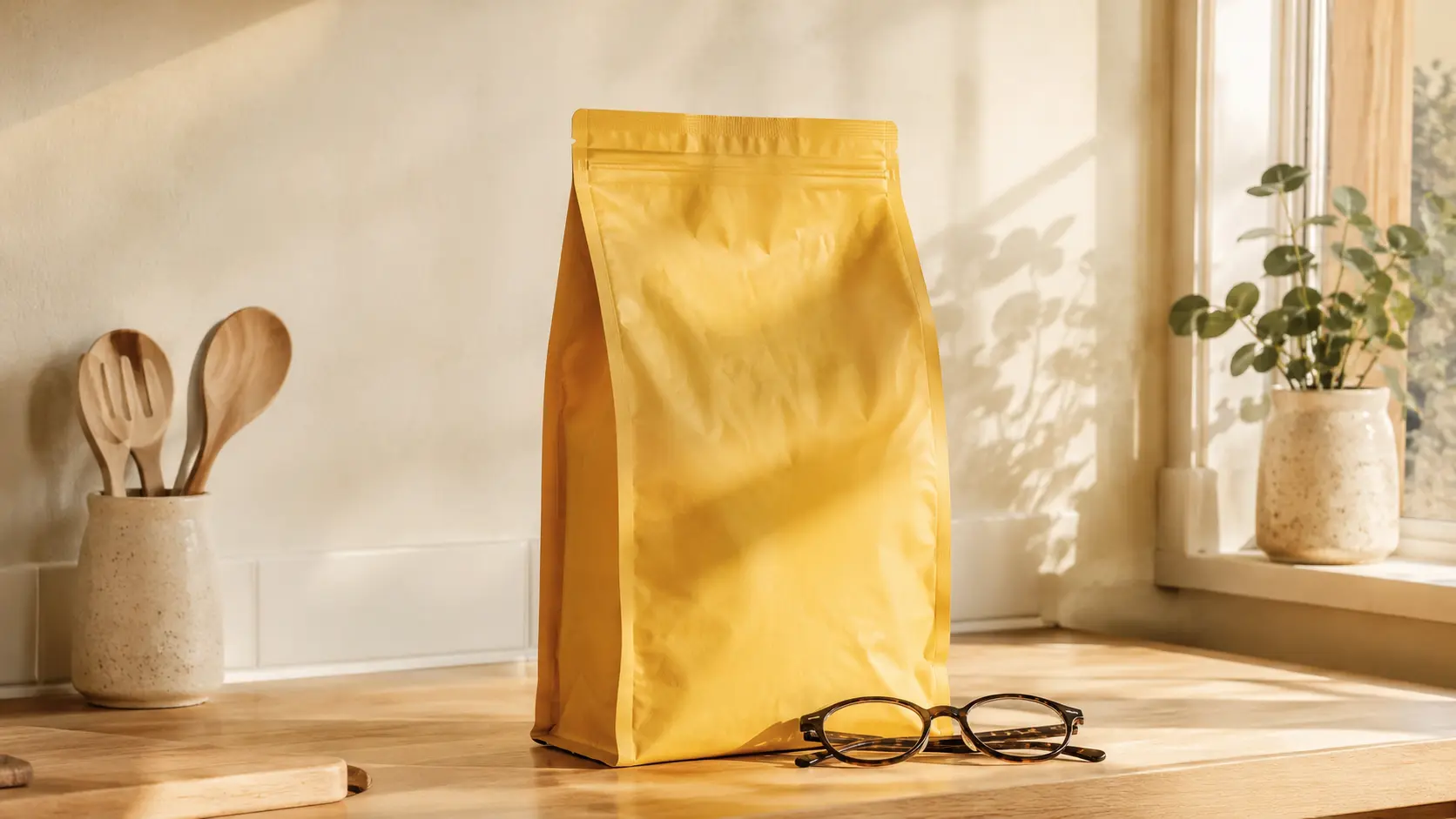 Una bolsa amarilla de alimento para mascotas sobre una barra de cocina, con unos lentes de lectura al pie.