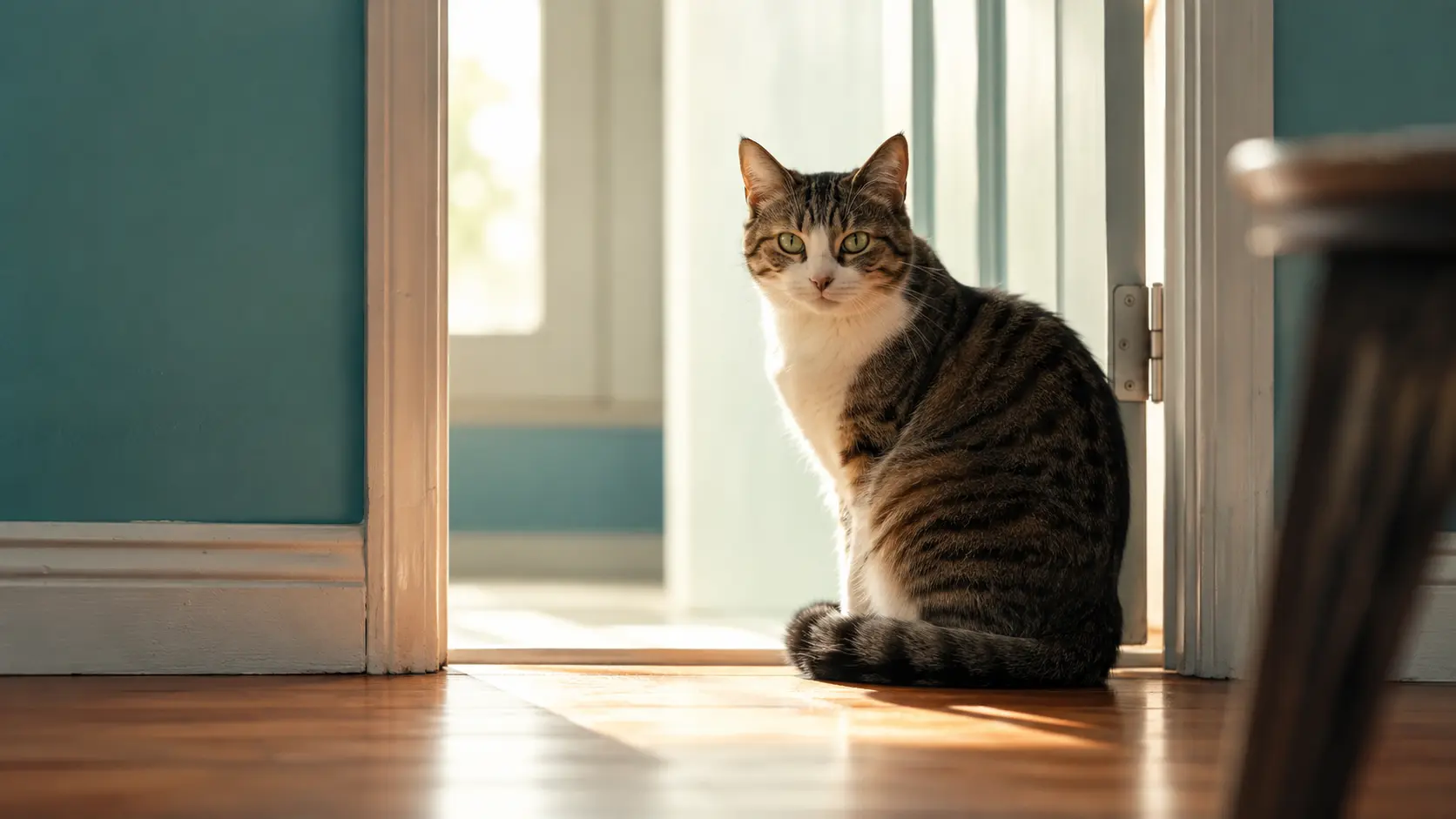 Un gato atigrado sentado en el umbral de una puerta, con la cola enroscada, mirando hacia la habitación iluminada.