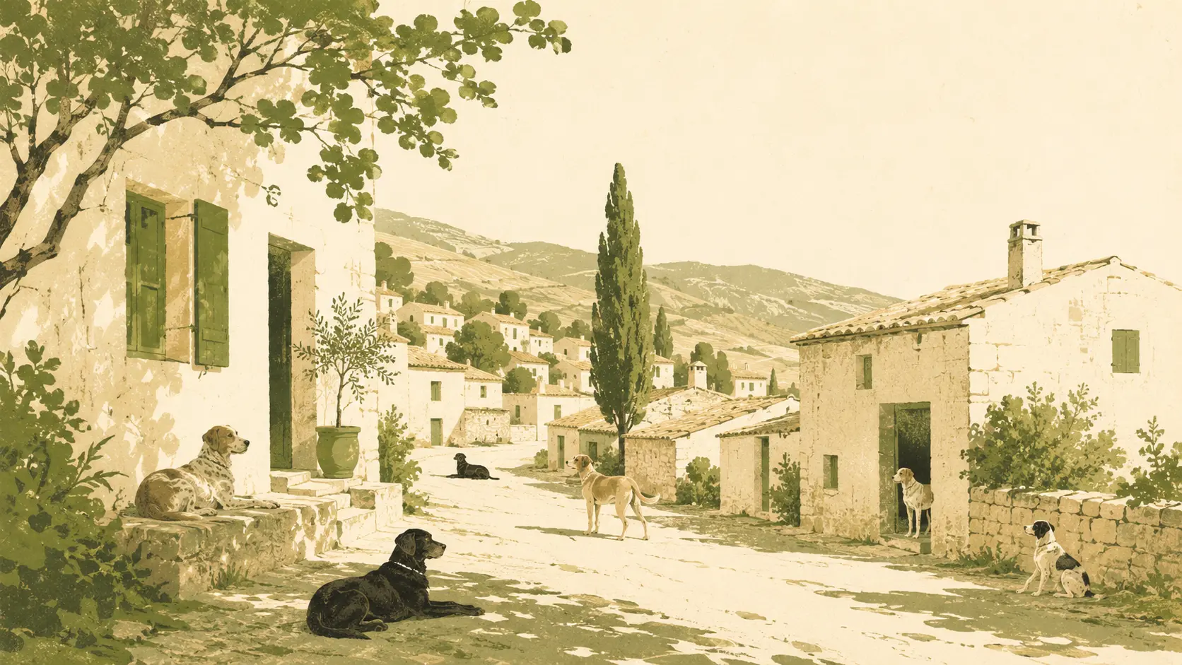 Media docena de perros descansando en las calles y portales de un pueblo de ladera, junto a un ciprés.