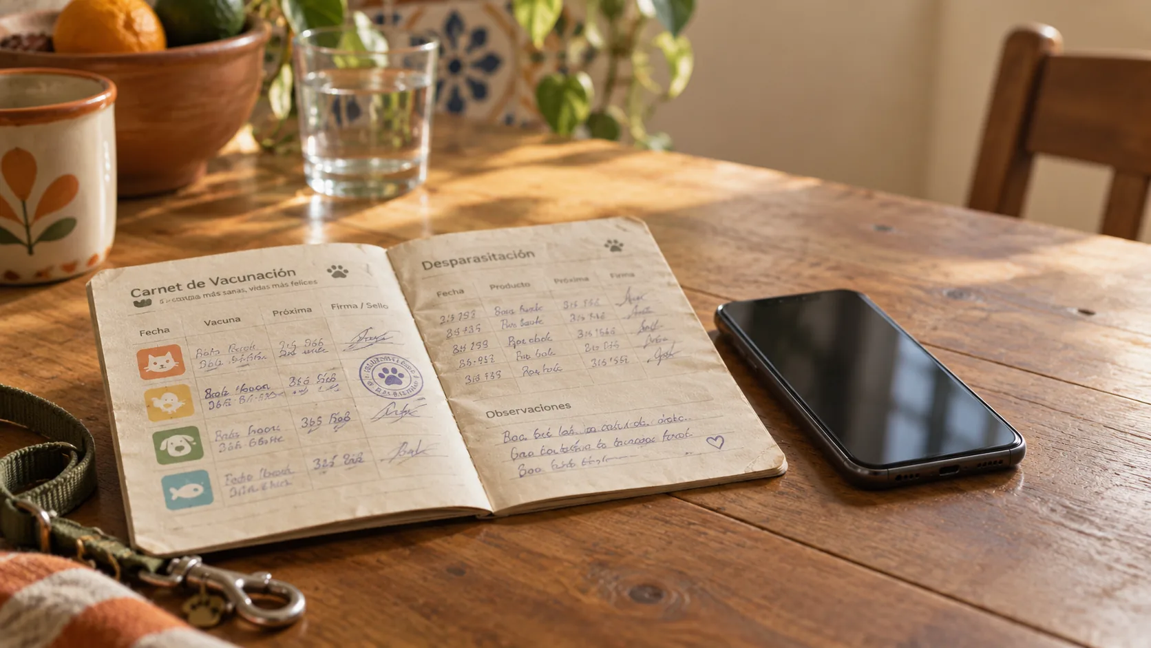 Una cartilla de vacunación de papel abierta sobre una mesa de cocina, junto a un celular