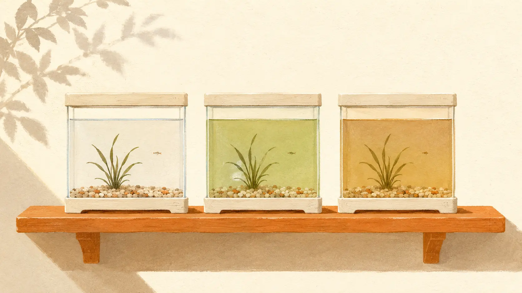 Three small aquariums on a shelf holding clear, green and amber water, each with one plant and gravel.