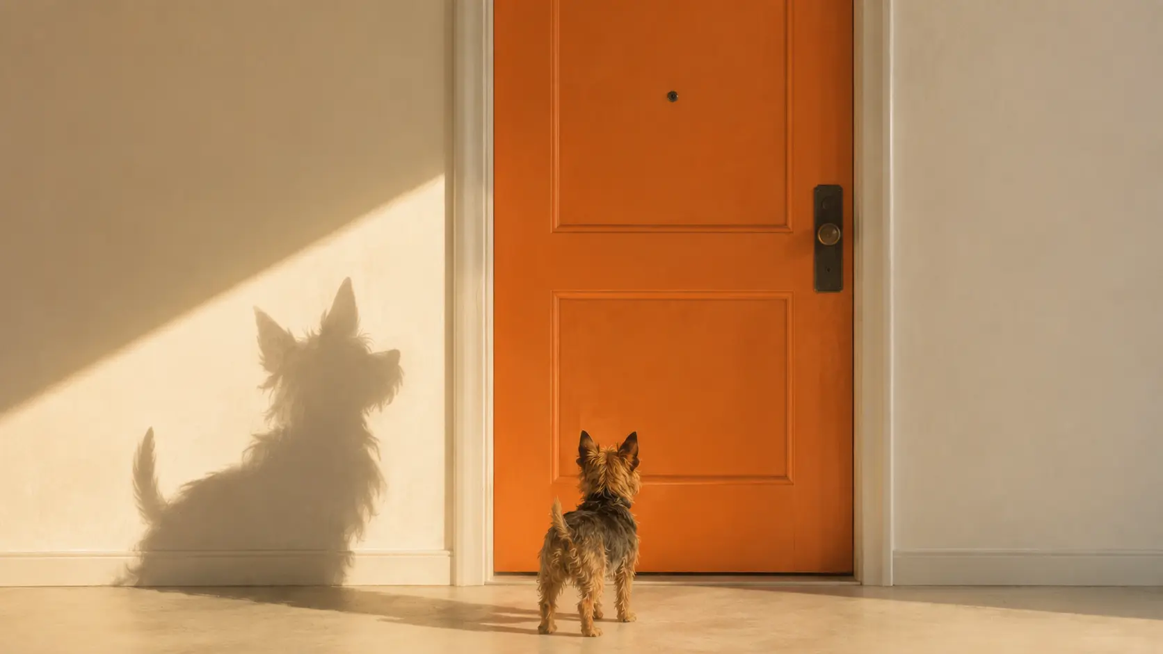 A small terrier seen from behind facing an orange front door, her shadow on the wall far larger than she is.