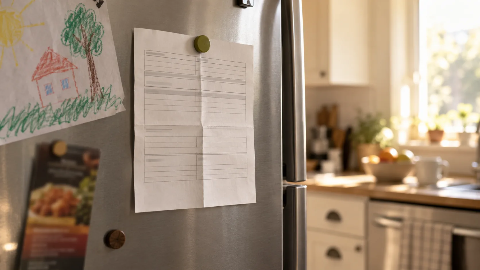 Una hoja doblada sujeta con un imán en la puerta de un refrigerador